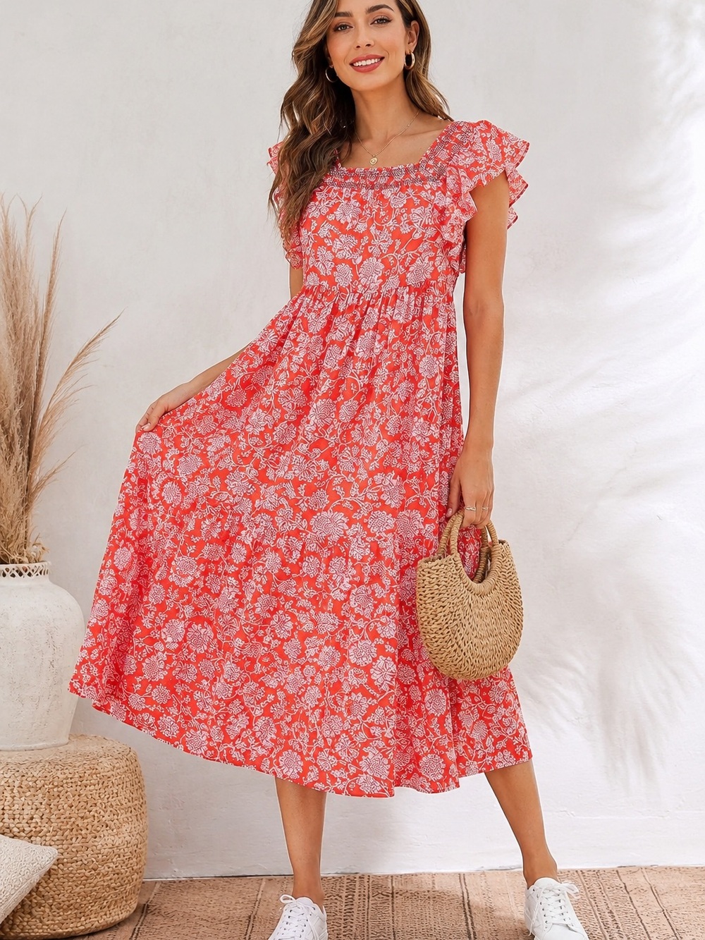 Free People Orange/Pink Smocked Flutter Sleeve Square Neck Midi Dress Large